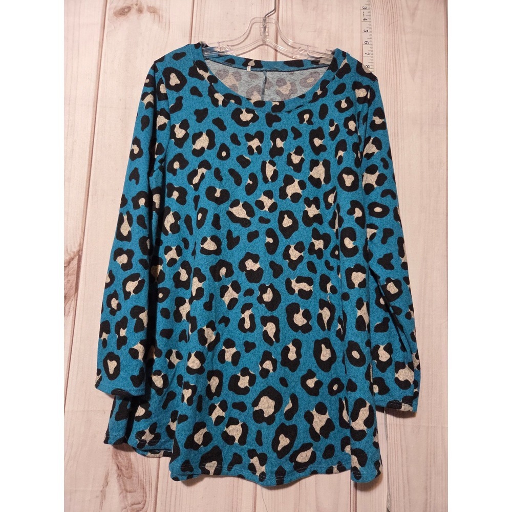 Womens Turquoise Leopard Print Long Sleeve Tunic Top Plus Size 1X